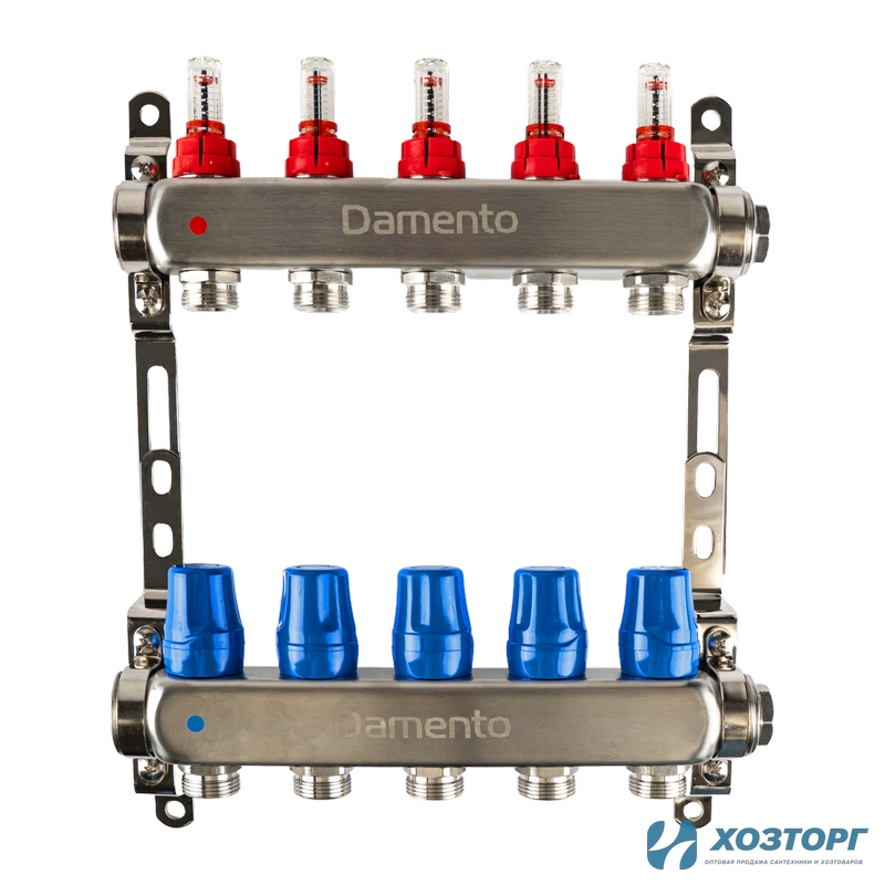 Коллекторная группа  1", 5 ходов, из нержавеющей стали "КВАДРАТ" с расходомерами КОМПАКТ Damento Clima DCSS5 (1/3)