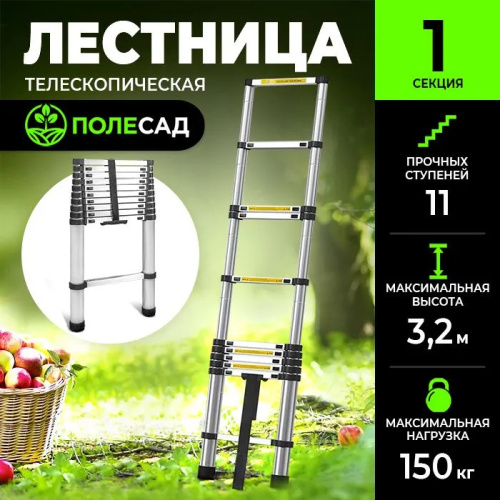 Телескопическая лестница ПОЛЕСАД 3,2 м, масса 10 кг, нагрузка до 150 к,11 ступеней (1/42)