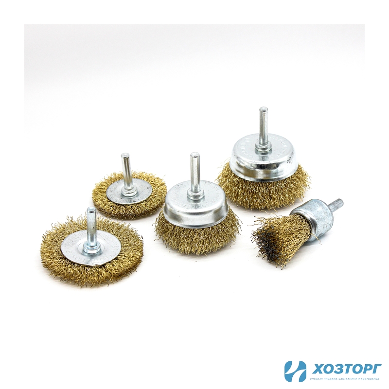 Набор щёток для дрели СИЛАЧ со шпильками, 5 предметов (50 мм, 75 мм плоск.25-50-75 мм чашки) (1/50)