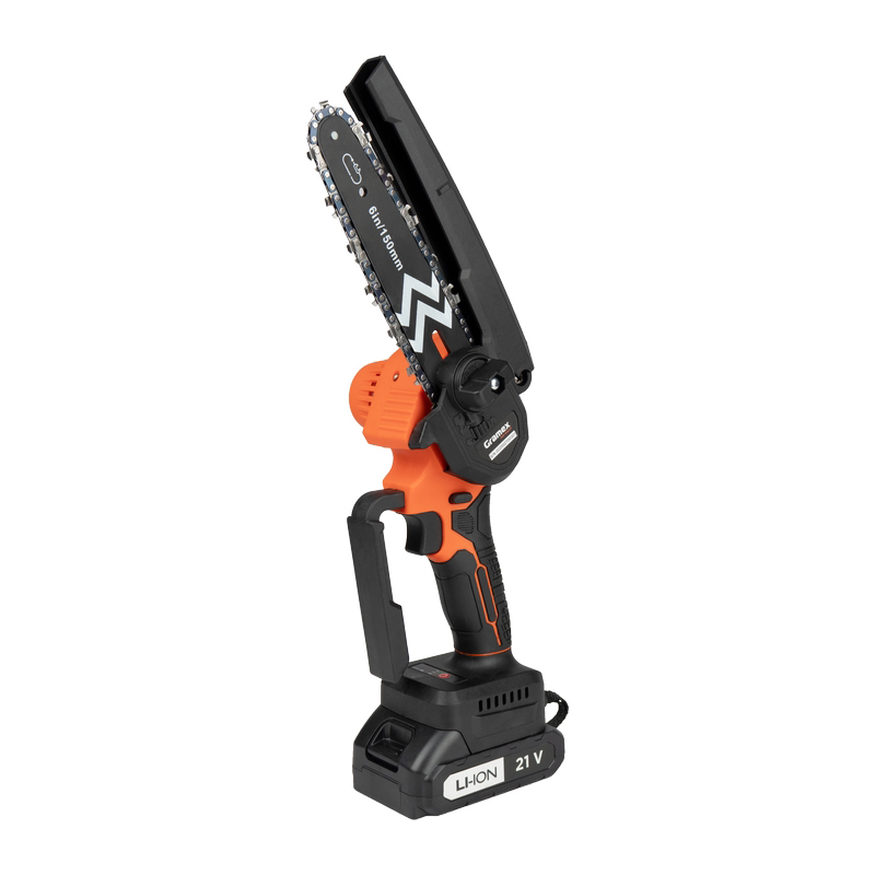 Пила цепная аккумуляторная GRAMEX HHT-1 MULTI (БЕСЩЕТОЧНЫЙ), 21 Вольт ,2,5 А/ч,1 акб, шина 150мм/6" (1/8)