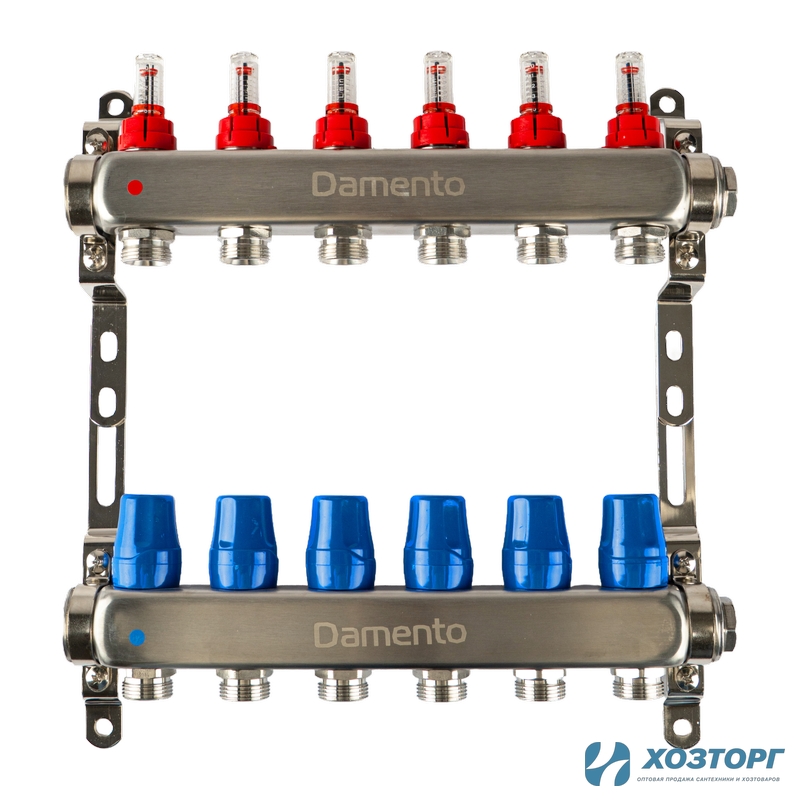 Коллекторная группа  1", 6 ходов, из нержавеющей стали "КВАДРАТ" с расходомерами КОМПАКТ Damento Clima DCSS6 (1/3)