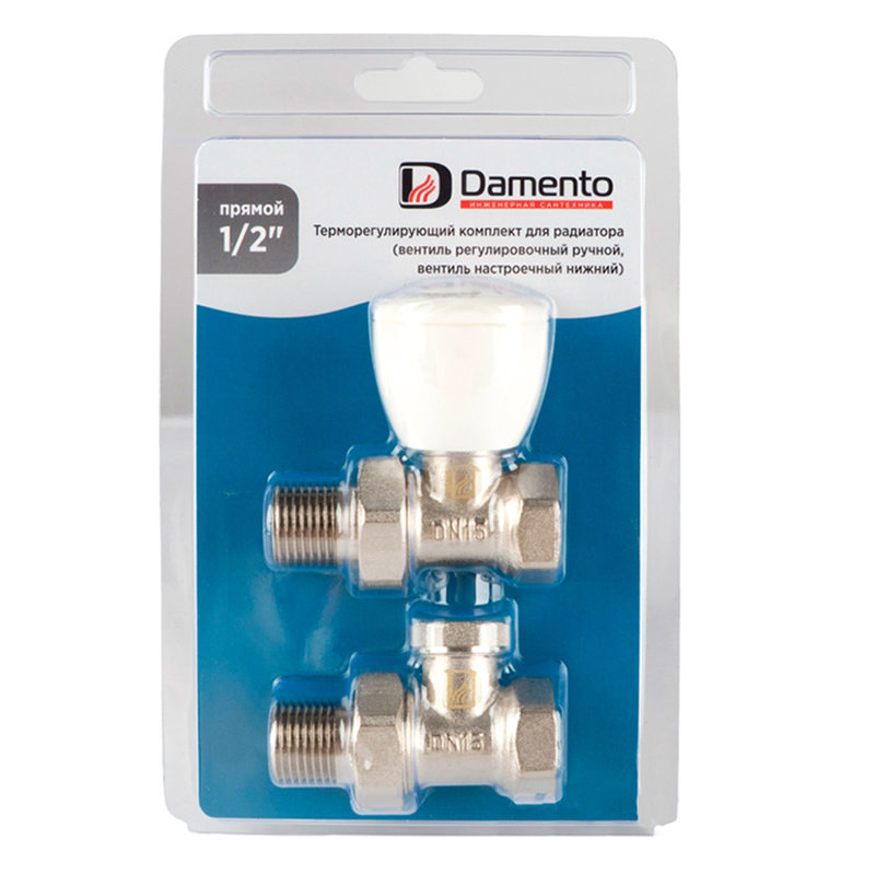 Терморегулирующий комплект для радиатора прямой (Вентиль регулировочный, клапан запорный нижний) 1/2" В-Н Damento Clima (1/12)