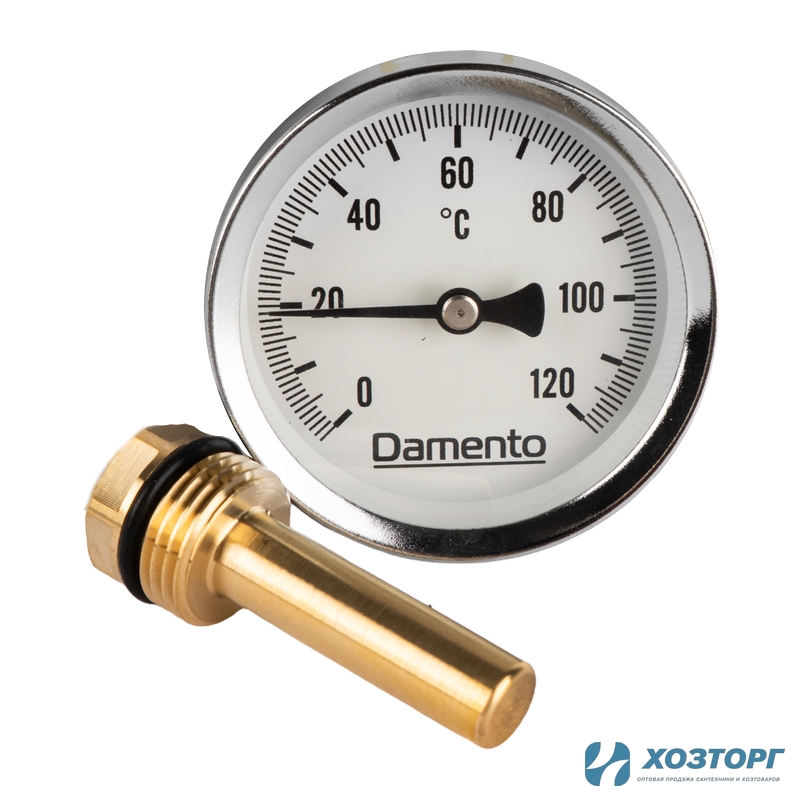 Термометр биметаллический аксиальный с гильзой 50 мм, 0-120 С, D63 мм Damento Clima (1/100)