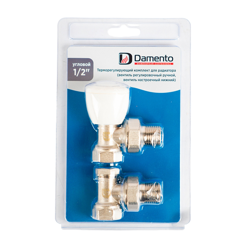  Терморегулирующий комплект для радиатора угловой (Вентиль регулировочный, клапан запорный нижний) 1/2" В-Н Damento Clima (1/12)